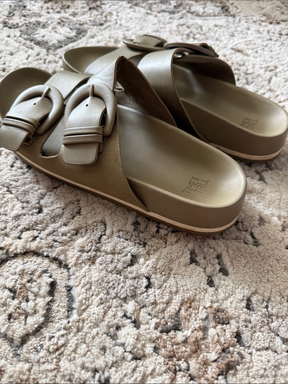 Time and Tru Taupe Double Buckle Slide Sandals